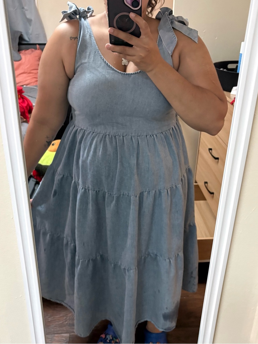Tiered Tie-Shoulder Midi Dress in Light Denim Blue